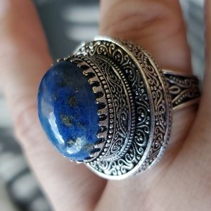 New Lapis Lazuli Antique Design 925 Silver Statement Ring.